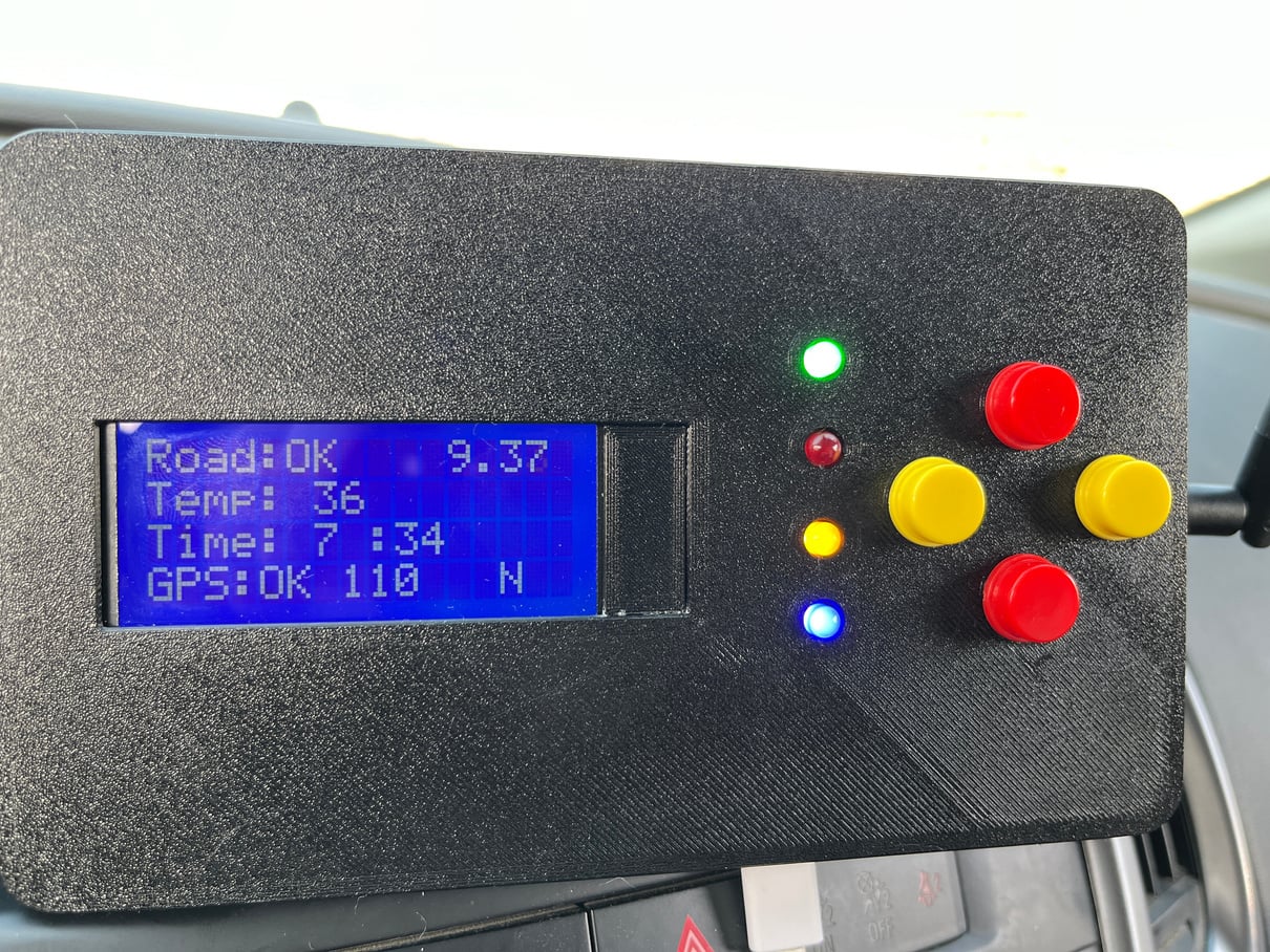 SafeDrive on-board unit with status display and alert buttons